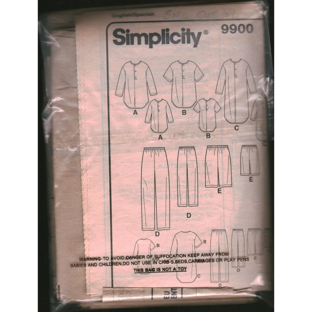 Simplicity 9900 Sewing Pattern Unisex Pajamas Scrubs Tunic Pants Shorts Size L